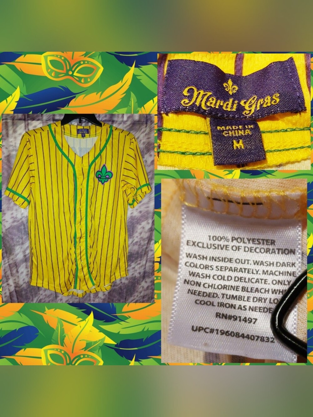 Mardi Gras Yellow/Multiclr Mardi Gras Baseball Style Soft Knit Jersey Shirt Sz L